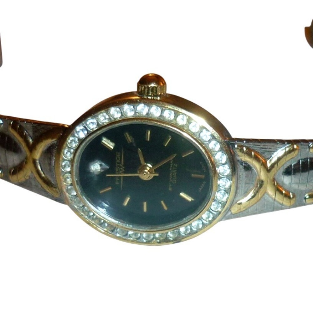 Vintage Waltham Ladies Watch Genuine Diamond Halo Bezel Two Tone Mesh Tested